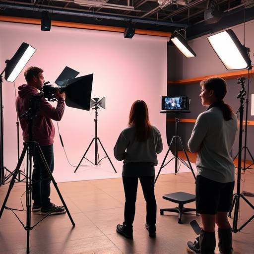Il team di Video Studio Lumina durante una sessione di ripresa in uno studio professionale.