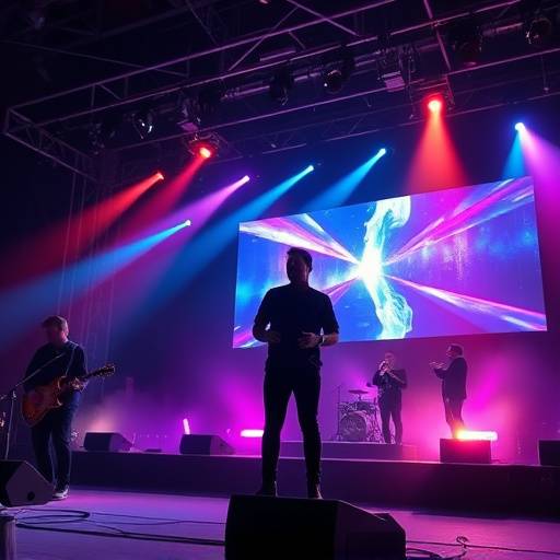 Immagine di un videoclip musicale con un artista che si esibisce sul palco illuminato.