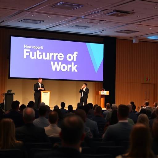 Palco di una conferenza con relatori e pubblico, ripreso nel reportage 'Future of Work'.