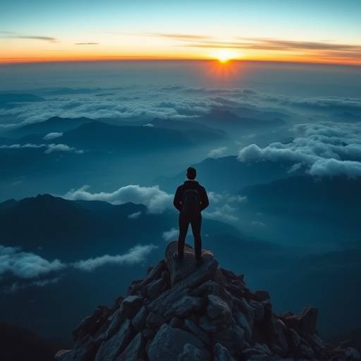 Persona che guarda l'alba da una vetta montuosa, simbolo di aspirazione nel video motivazionale.