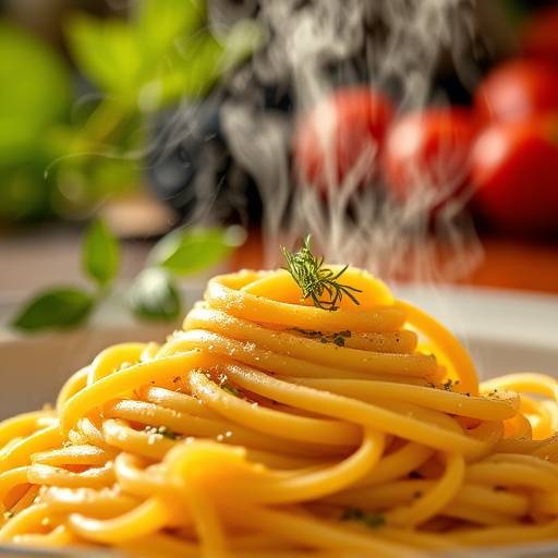Primo piano di un piatto di pasta fumante preparato in un ristorante, parte dello spot 'Gusto Italiano'.