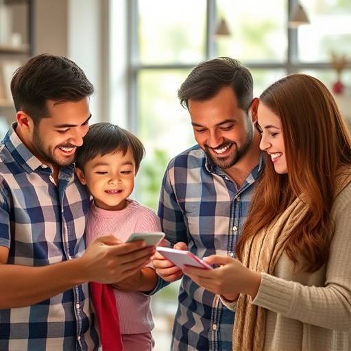 Scena di uno spot pubblicitario con una famiglia felice che utilizza un nuovo prodotto tecnologico.