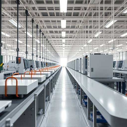 Schermata di un video aziendale che mostra la linea di produzione di un'azienda manifatturiera moderna.