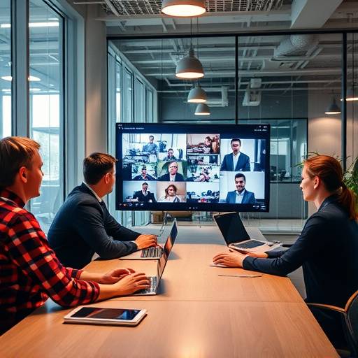 Squadra di professionisti che collaborano in un ufficio moderno, ripresi nel video aziendale 'Innovatech Solutions'.
