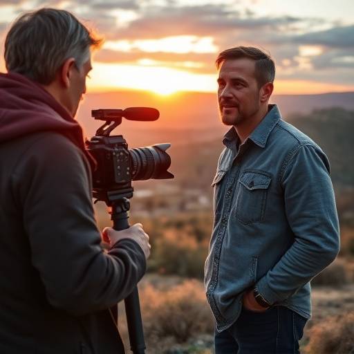 Un documentarista che intervista una persona in un ambiente naturale suggestivo.