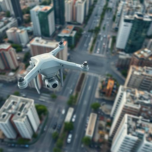Un drone che filma un paesaggio urbano dall'alto con un movimento fluido.
