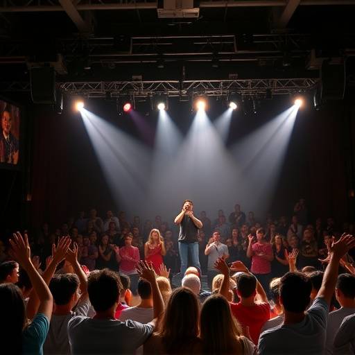 Un palco di un evento con un palco illuminato e persone che applaudono.