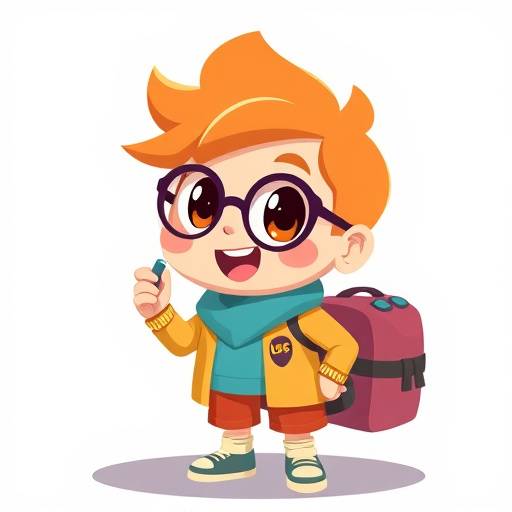 Un personaggio animato in 2D che interagisce con elementi grafici moderni.