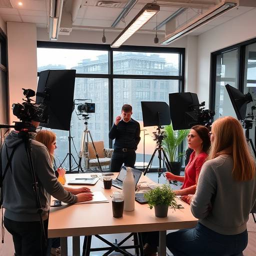 Vista del team di Video Studio in un ambiente di lavoro moderno, con attrezzature video di alta qualit&agrave; e una lavagna piena di idee.