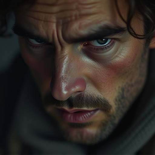 Volto di un attore in primo piano, con un'espressione intensa, dal trailer del cortometraggio 'L'Eco delle Voci'.